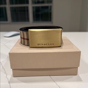 Burberry Beige Plaid Belt with Gold Buckle